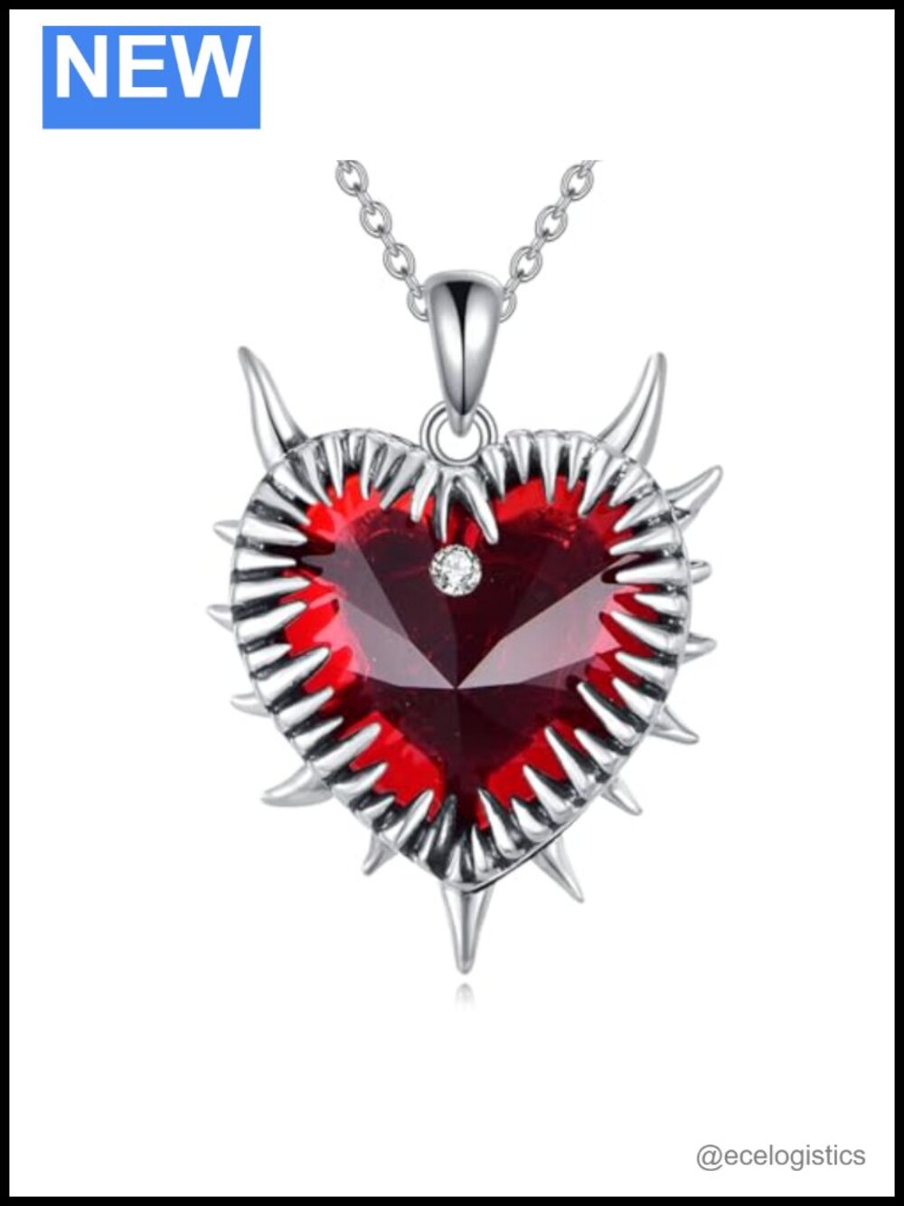 S925 Sterling Silver Barbed Wire Heart Pendant Necklace Gothic Crystal Spike